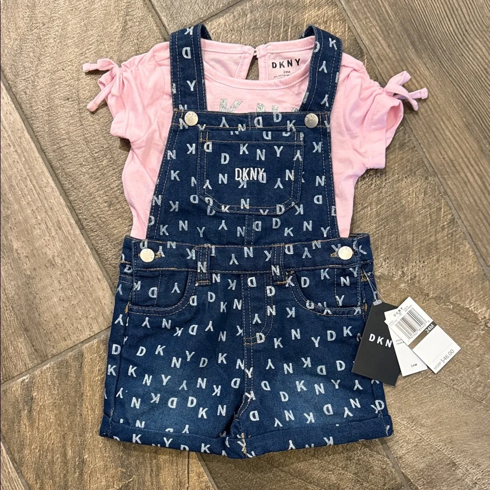 NWT DKNY Baby Girl Denim Shortall Set Pink 24M 2-Piece Outfit